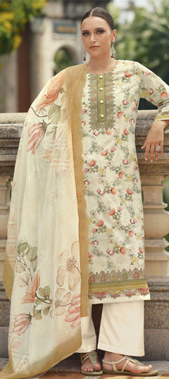Beige and Brown color Salwar Kameez in Cotton, Lawn fabric with Digital Print, Floral, Resham, Thread work