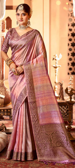 Orange color Saree in Tissue fabric with Weaving work