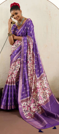 Purple and Violet color Saree in Silk fabric with Floral, Printed work