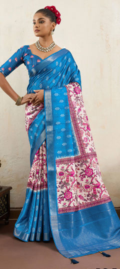 Blue, White and Off White color Saree in Silk fabric with Floral, Printed work