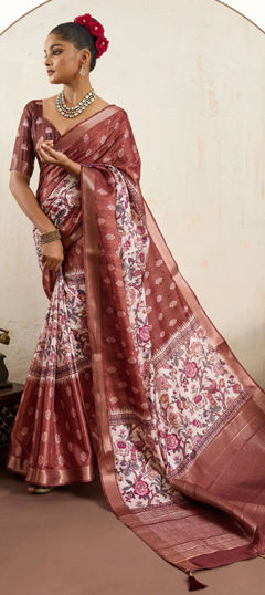 Beige and Brown, White and Off White color Saree in Silk fabric with Floral, Printed work