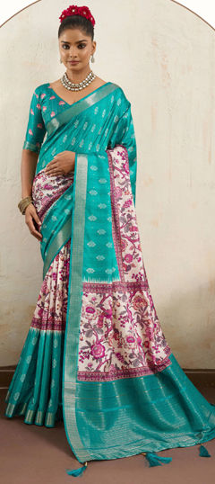 Blue, White and Off White color Saree in Silk fabric with Floral, Printed work