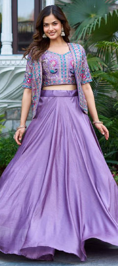 Purple and Violet color Ready to Wear Lehenga in Silk fabric with Embroidered, Thread work