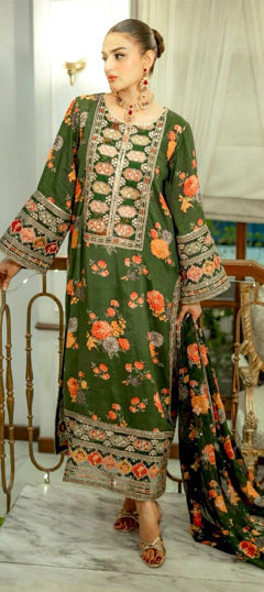 Green color Salwar Kameez in Chinon Silk fabric with Digital Print, Embroidered, Patch, Sequence work
