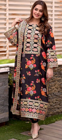 Black and Grey color Salwar Kameez in Chinon Silk fabric with Digital Print, Embroidered, Patch, Sequence work