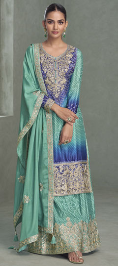 Blue color Salwar Kameez in Chinon Silk fabric with Bandhej, Embroidered, Printed work