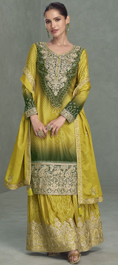 Yellow color Salwar Kameez in Chinon Silk fabric with Bandhej, Embroidered, Printed work