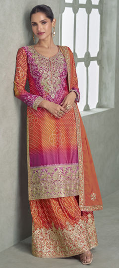 Orange color Salwar Kameez in Chinon Silk fabric with Bandhej, Embroidered, Printed work