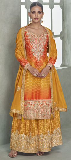 Orange, Yellow color Salwar Kameez in Chinon Silk fabric with Bandhej, Embroidered, Printed work