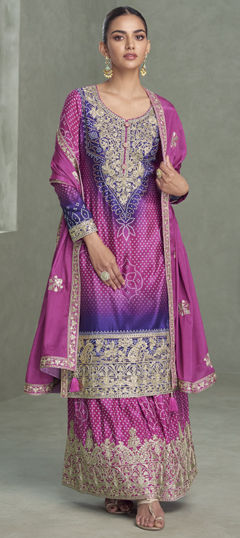 Pink and Majenta color Salwar Kameez in Chinon Silk fabric with Bandhej, Embroidered, Printed work