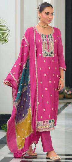 Pink and Majenta color Salwar Kameez in Chinon Silk fabric with Embroidered, Mirror, Zari work