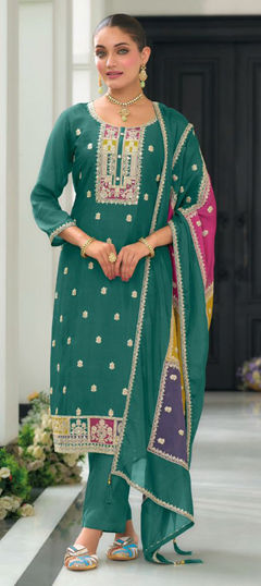 Green color Salwar Kameez in Chinon Silk fabric with Embroidered, Mirror, Zari work