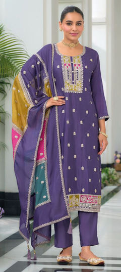 Purple and Violet color Salwar Kameez in Chinon Silk fabric with Embroidered, Mirror, Zari work
