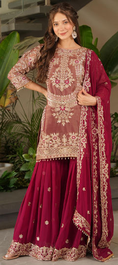 Red and Maroon color Salwar Kameez in Silk fabric with Embroidered, Sequence work