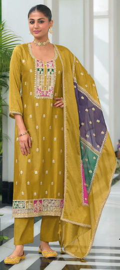 Gold color Salwar Kameez in Chinon Silk fabric with Embroidered, Mirror, Zari work