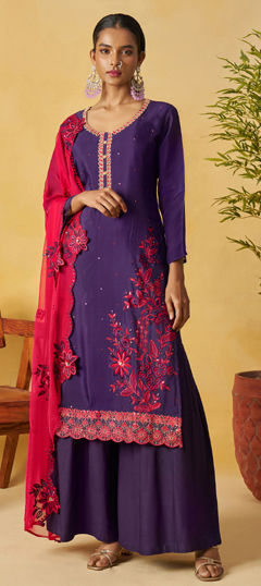 Purple and Violet color Salwar Kameez in Organza Silk fabric with Embroidered, Resham, Sequence, Thread work
