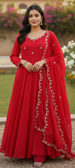 Pink and Majenta color Gown in Silk fabric with Embroidered, Sequence, Zari work