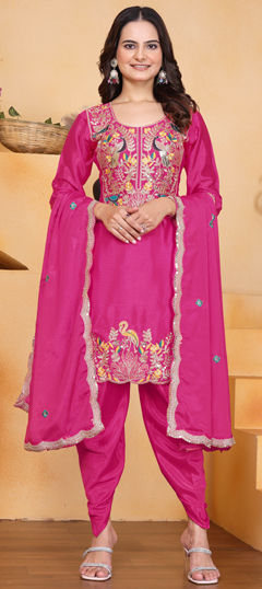 Pink and Majenta color Salwar Kameez in Chinon Silk fabric with Embroidered, Sequence, Zari work