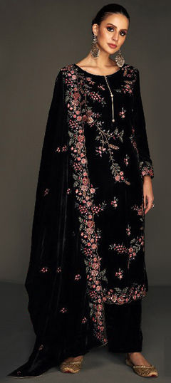 Black and Grey color Salwar Kameez in Velvet fabric with Embroidered, Resham, Thread work