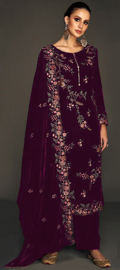 Pink and Majenta color Salwar Kameez in Velvet fabric with Embroidered, Resham, Thread work