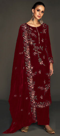Red and Maroon color Salwar Kameez in Velvet fabric with Embroidered, Resham, Thread work