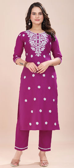 Purple and Violet color Salwar Kameez in Rayon fabric with Embroidered, Thread work