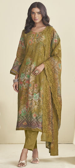 Green color Salwar Kameez in Cotton, Lawn fabric with Digital Print, Floral, Resham, Thread work