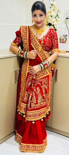 Red and Maroon color Saree in Shimmer fabric with Embroidered, Sequence, Stone, Thread work