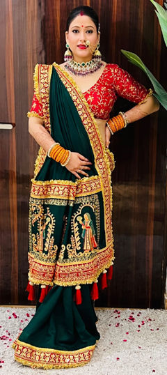 Green color Saree in Shimmer fabric with Embroidered, Sequence, Stone, Thread work