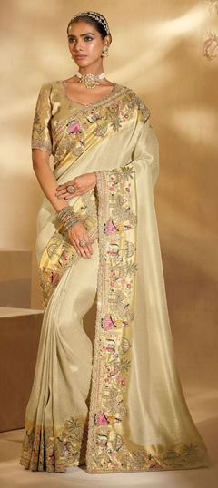 Beige and Brown color Saree in Silk fabric with Cut Dana, Mirror, Moti, Thread, Zari work