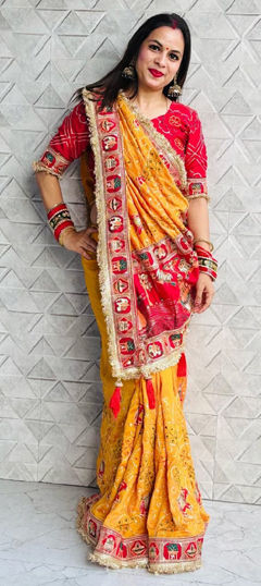 Yellow color Saree in Silk fabric with Lace, Printed work
