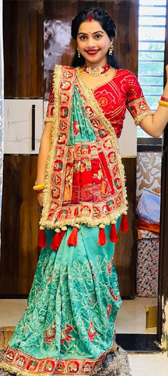 Blue color Saree in Silk fabric with Lace, Printed work