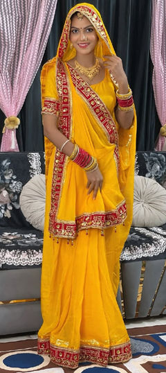 Yellow color Saree in Georgette fabric with Embroidered, Moti, Sequence work