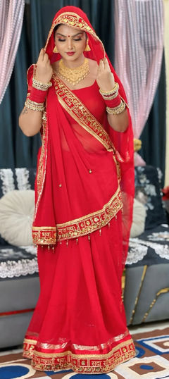 Red and Maroon color Saree in Georgette fabric with Embroidered, Moti, Sequence work