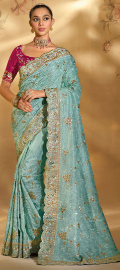 Green color Saree in Banarasi Silk fabric with Cut Dana, Mirror, Moti, Thread, Zari work