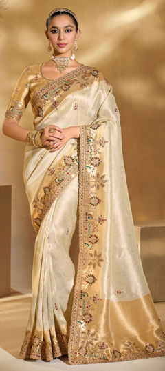 Beige and Brown color Saree in Silk fabric with Cut Dana, Mirror, Moti, Thread, Zari work