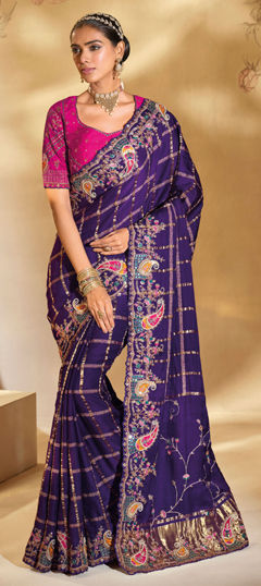 Purple and Violet color Saree in Silk fabric with Cut Dana, Mirror, Moti, Thread, Zari work