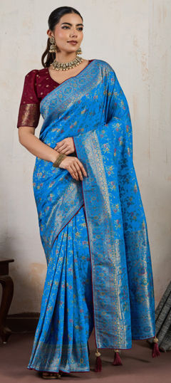 Blue color Saree in Silk fabric with Printed, Weaving work