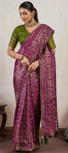 Pink and Majenta color Saree in Silk fabric with Printed, Weaving work