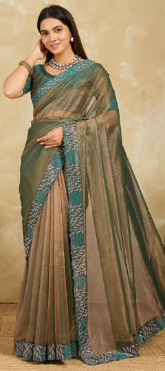 Beige and Brown color Saree in Tissue fabric with Thread work