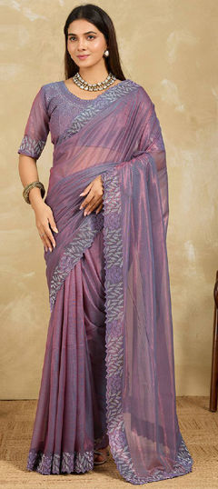 Purple and Violet color Saree in Tissue fabric with Thread work