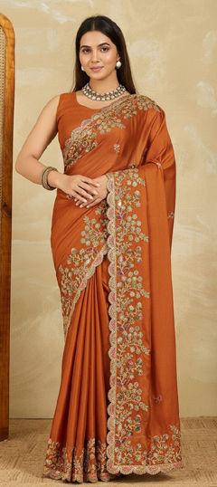 Beige and Brown color Saree in Art Silk fabric with Border, Embroidered, Sequence work