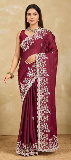Red and Maroon color Saree in Art Silk fabric with Border, Embroidered, Sequence work