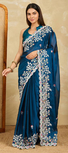 Blue color Saree in Art Silk fabric with Border, Embroidered, Sequence work