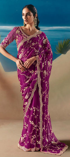 Pink and Majenta color Saree in Tissue fabric with Cut Dana, Sequence work