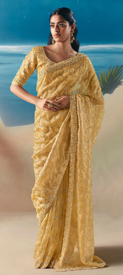 Beige and Brown color Saree in Tissue fabric with Cut Dana, Sequence work