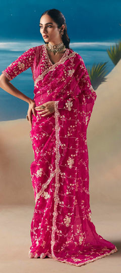 Pink and Majenta color Saree in Tissue fabric with Cut Dana, Sequence work