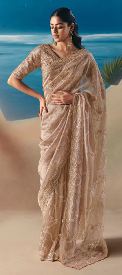 Beige and Brown color Saree in Tissue fabric with Cut Dana, Sequence work