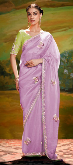 Pink and Majenta color Saree in Tissue fabric with Embroidered, Sequence, Thread work