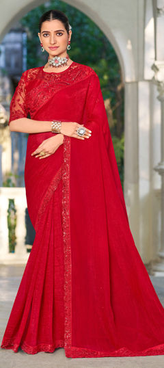 Red and Maroon color Saree in Crushed Silk fabric with Embroidered, Sequence, Thread work